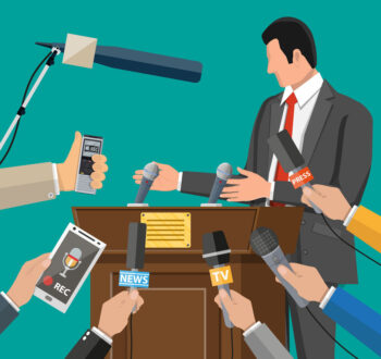 Public speaker. Rostrum, tribune and hands of journalists with microphones and digital voice recorders. Press conference concept, news, media, journalism. Vector illustration in flat style